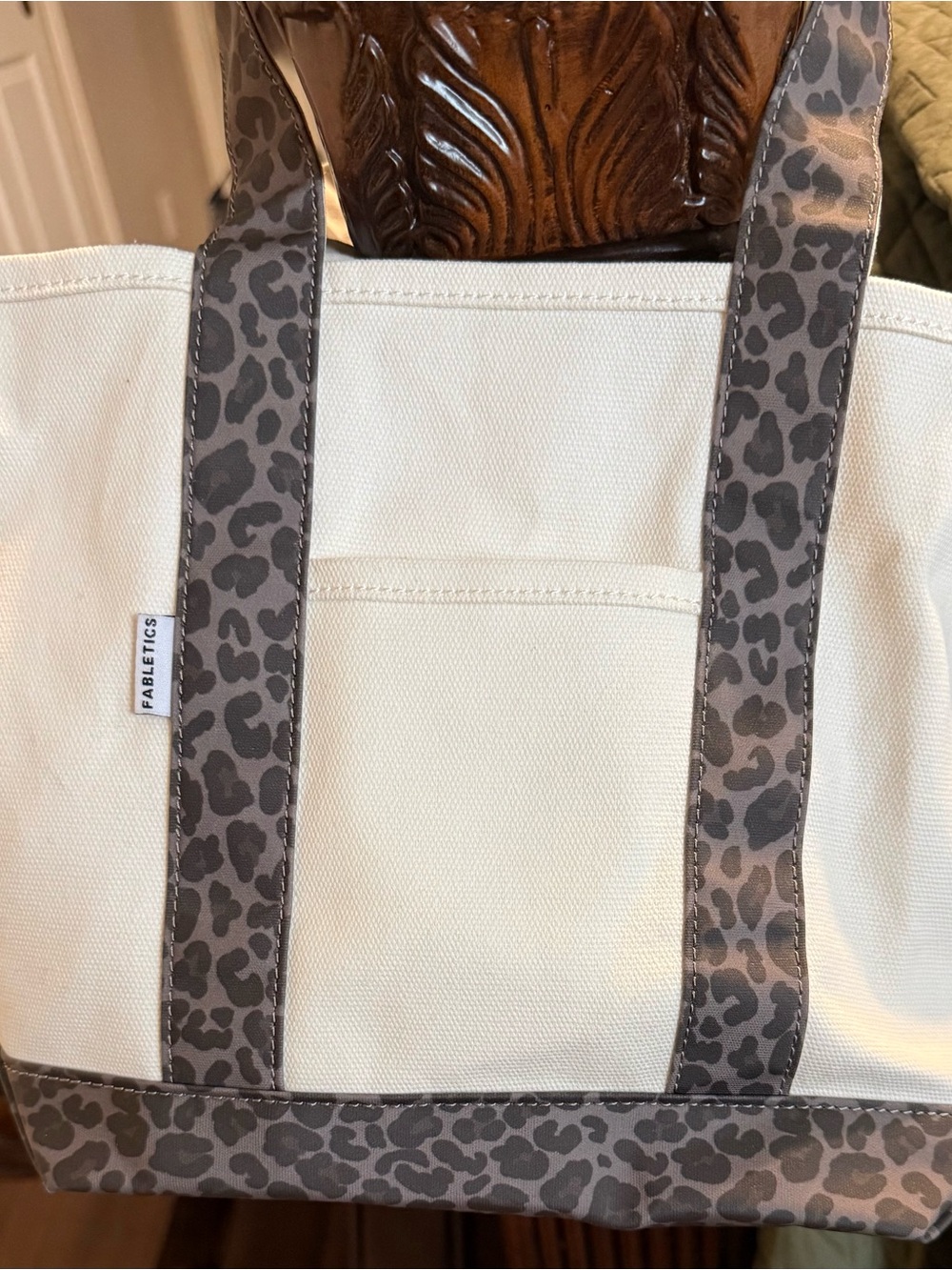 Fabletics Cream Canvas Tote with Gray Leopard-Print Trim and Straps
